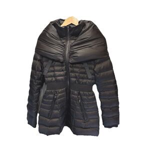 Laundry by Shelli Segal Brown Down Puffer Coat Quilted Hooded Cinched Waist MED